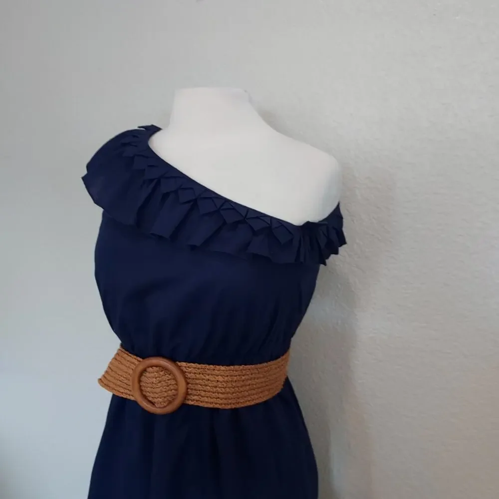 Nine West Blue One Shoulder Lace Hem Dress w/Belt Size 10P - Picture 6 of 11